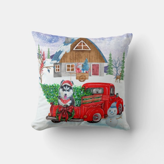 Siberian Husky Dog In Christmas Delivery Truck Cushion (Front)