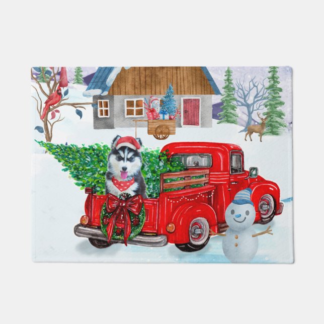 Siberian Husky Dog In Christmas Delivery Truck Doormat (Front)