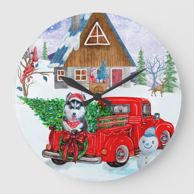 Siberian Husky Dog In Christmas Delivery Truck Large Clock (Front)