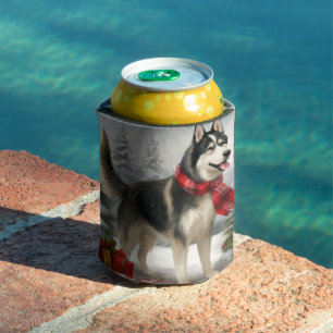 Siberian Husky Dog in Snow Christmas Can Cooler