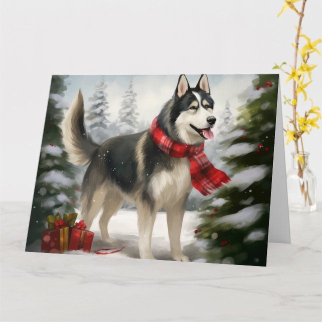 Siberian Husky Dog in Snow Christmas Card (Yellow Flower)