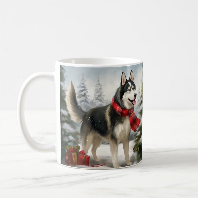 Siberian Husky Dog in Snow Christmas Coffee Mug (Left)