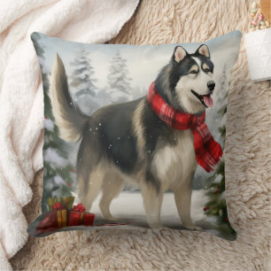 Siberian Husky Dog in Snow Christmas Cushion