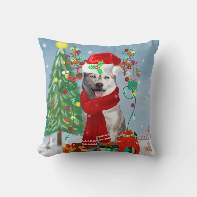 Siberian Husky Dog in Snow Christmas Cushion (Front)