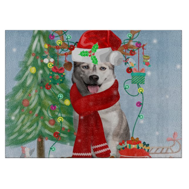 Siberian Husky Dog in Snow Christmas  Cutting Board (Front)