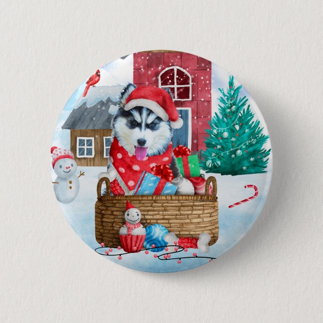 Siberian Husky Dog In snow Christmas Dog House 6 Cm Round Badge (Front)
