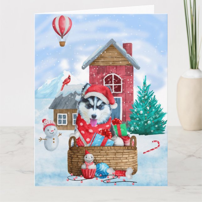 Siberian Husky Dog In snow Christmas Dog House Card (Front)
