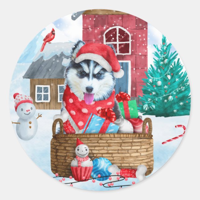 Siberian Husky Dog In snow Christmas Dog House Classic Round Sticker (Front)