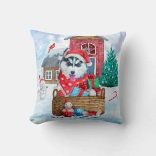 Siberian Husky Dog In snow Christmas Dog House Cushion