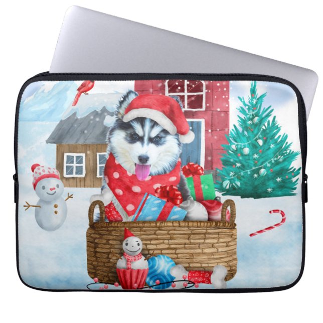 Siberian Husky Dog In snow Christmas Dog House Laptop Sleeve (Front)