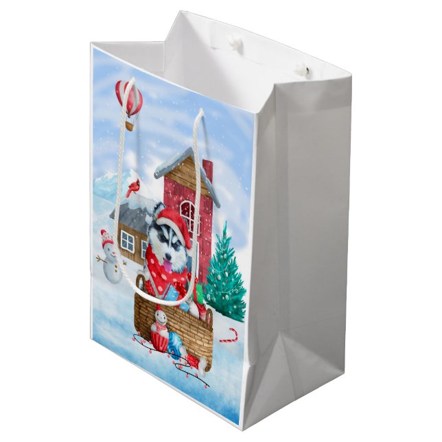 Siberian Husky Dog In snow Christmas Dog House Medium Gift Bag (Front Angled)
