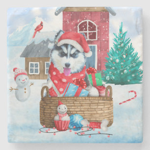Siberian Husky Dog In snow Christmas Dog House Stone Coaster