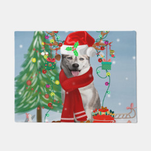 Siberian Husky Dog in Snow Christmas Doormat
