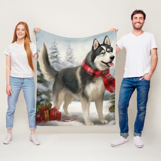 Siberian Husky Dog in Snow Christmas Fleece Blanket (In Situ)