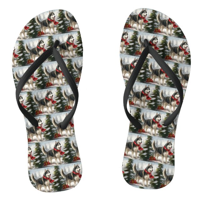 Siberian Husky Dog in Snow Christmas Flip Flops (Footbed)
