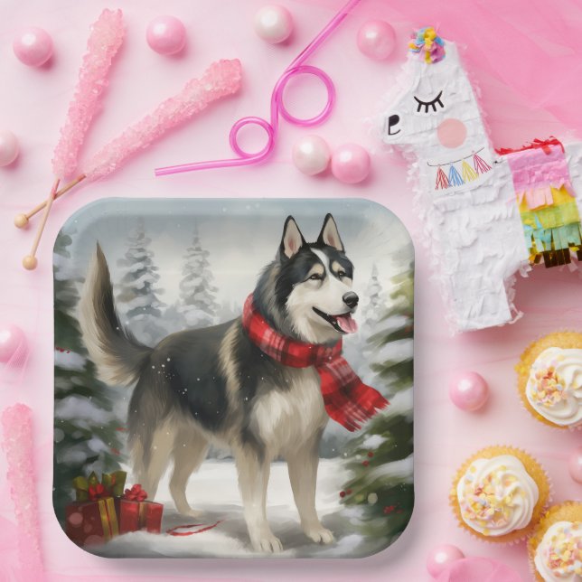 Siberian Husky Dog in Snow Christmas Paper Plate (Party)