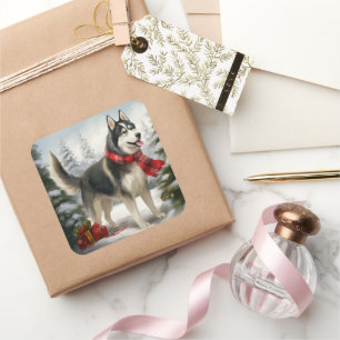 Siberian Husky Dog in Snow Christmas Square Sticker