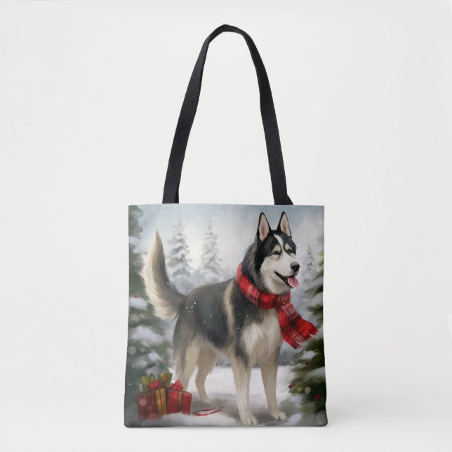 Siberian Husky Dog in Snow Christmas Tote Bag (Front)