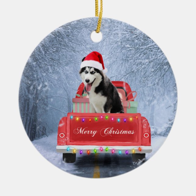 Siberian Husky Dog in Snow sitting Christmas Truck Ceramic Tree Decoration (Front)