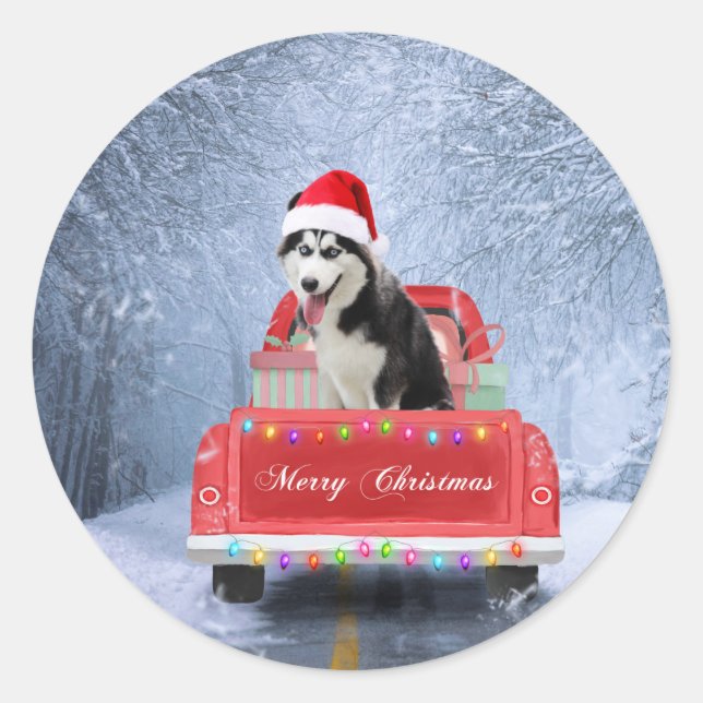 Siberian Husky Dog in Snow sitting Christmas Truck Classic Round Sticker (Front)