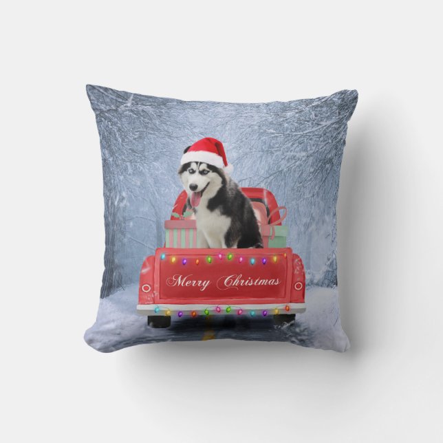 Siberian Husky Dog in Snow sitting Christmas Truck Cushion (Front)