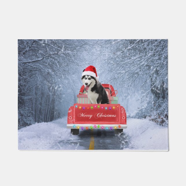 Siberian Husky Dog in Snow sitting Christmas Truck Doormat (Front)