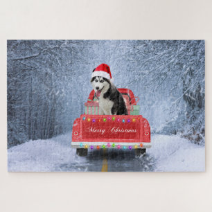 Siberian Husky Dog in Snow sitting Christmas Truck Jigsaw Puzzle