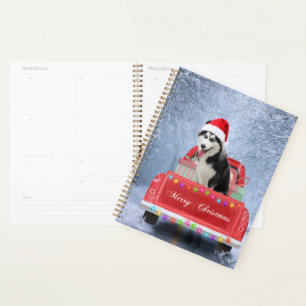 Siberian Husky Dog in Snow sitting Christmas Truck Planner