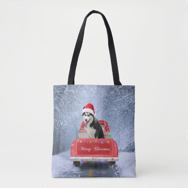 Siberian Husky Dog in Snow sitting Christmas Truck Tote Bag (Front)
