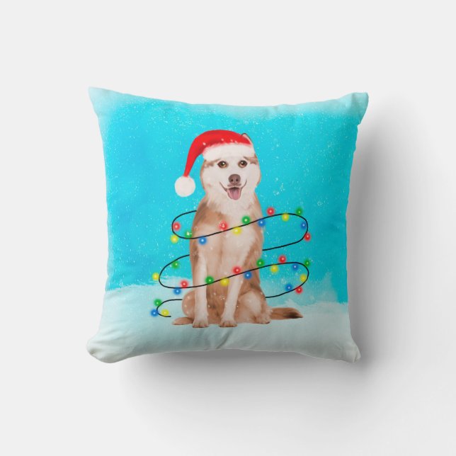 Siberian Husky Dog in snow with Christmas Hat Cushion (Front)