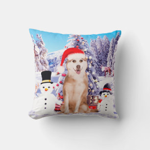 Siberian Husky Dog In Snow with Christmas Hat Cushion
