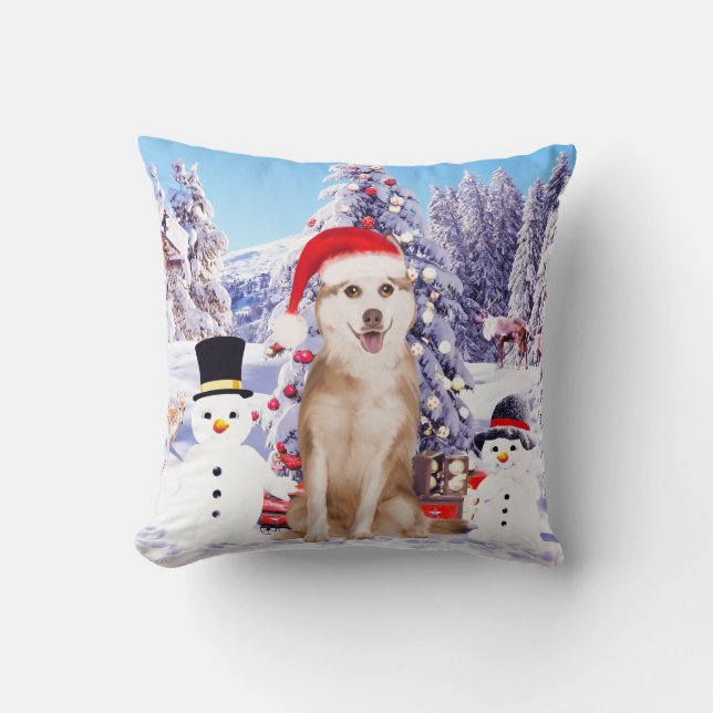 Siberian Husky Dog In Snow with Christmas Hat Cushion (Front)