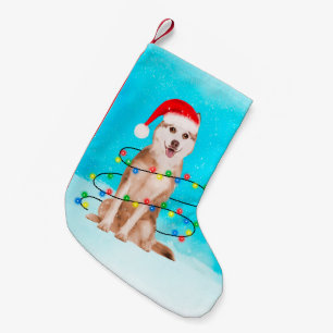 Siberian Husky Dog In Snow with Santa Hat Lights Small Christmas Stocking