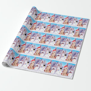 Siberian Husky Dog In Snow with Santa Hat Lights Wrapping Paper