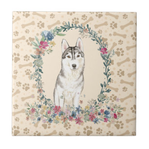 Siberian Husky Dog Paw Print Floral Cute Beige Tile