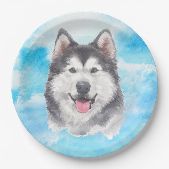 Siberian Husky Dog Pet Watercolor Paper Plate (Front)