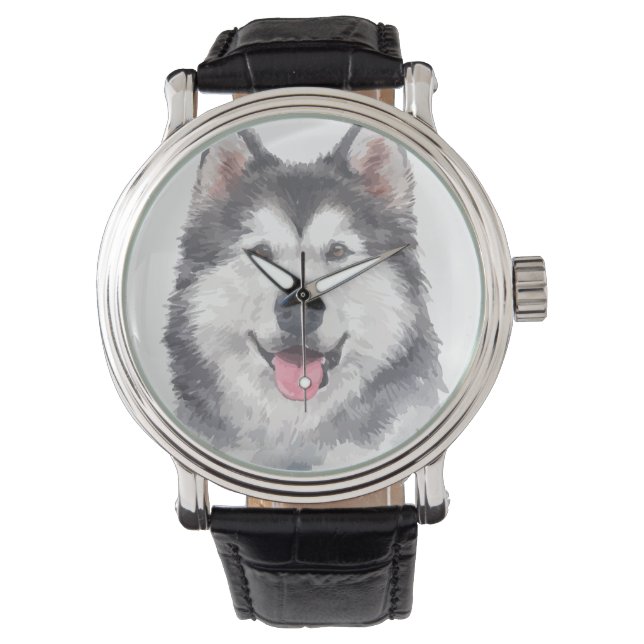 Siberian Husky Dog Pet Watercolor Watch (Front)