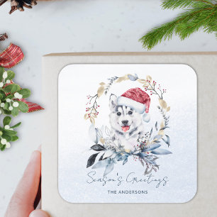 Siberian Husky Dog Red Berry Gold Wreath Christmas Square Sticker