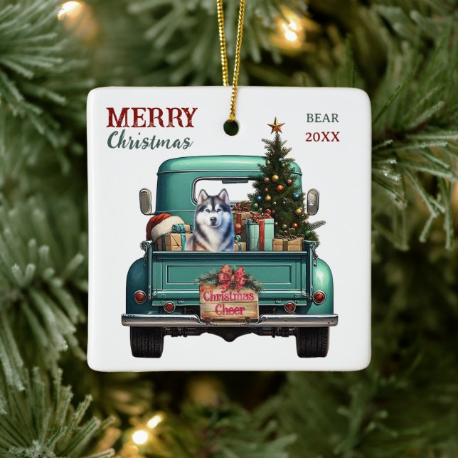 Siberian Husky Dog Retro Truck Christmas Ceramic Ornament (Tree)