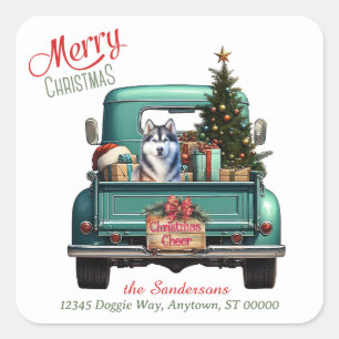 Siberian Husky Dog Retro Truck Christmas Square Sticker