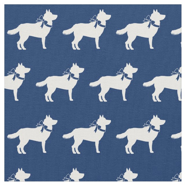 Siberian Husky Dog Silhouette Pet Navy Blue Fabric (Close Up)