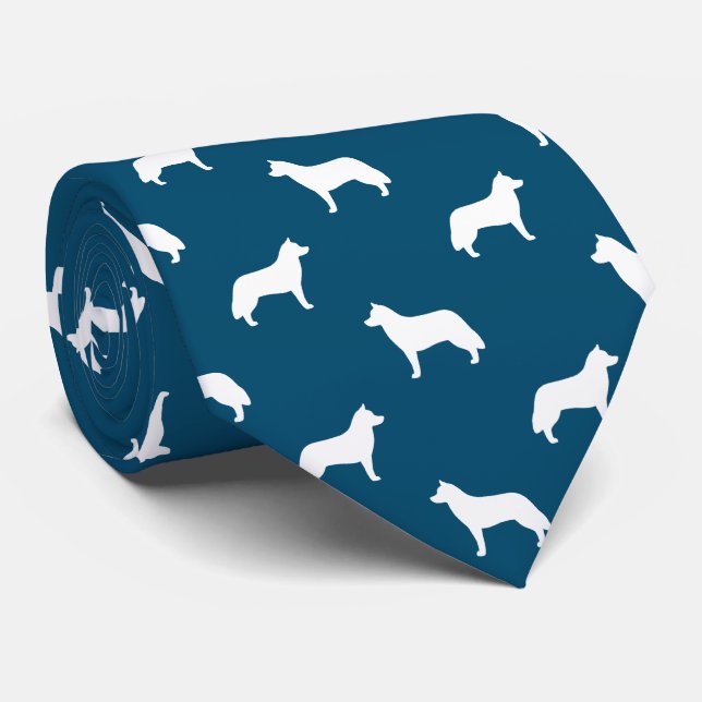 Siberian Husky Dog Silhouettes Pattern Blue Tie (Rolled)