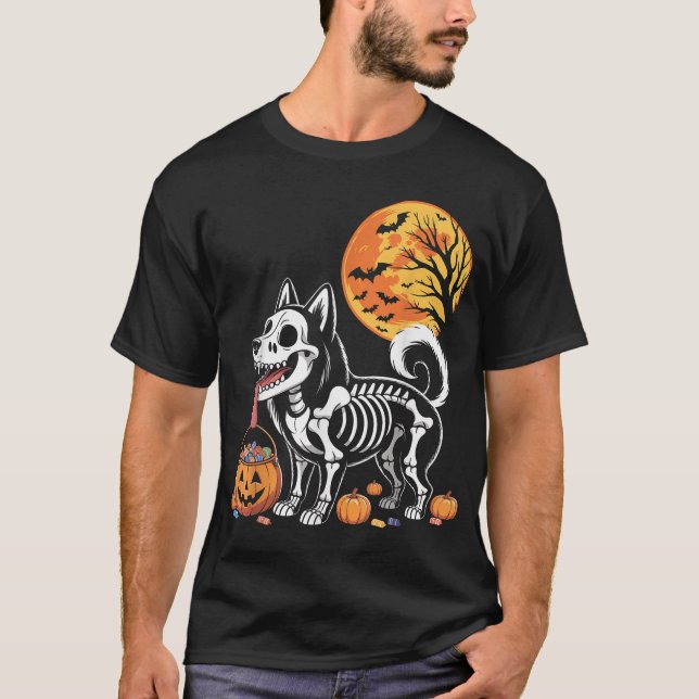  Siberian Husky Dog Skeleton Scary Pumpkin Moon Ha T-Shirt (Front)
