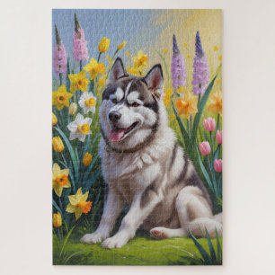 Siberian Husky Dog Spring Flowers Painting Jigsaw Puzzle