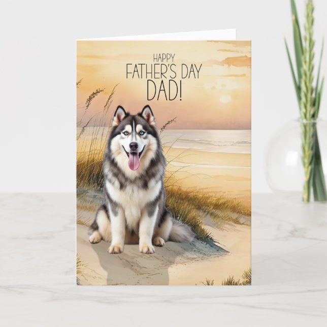 Siberian Husky Dog Sunset Beach Father's Day Holiday Card (Front)