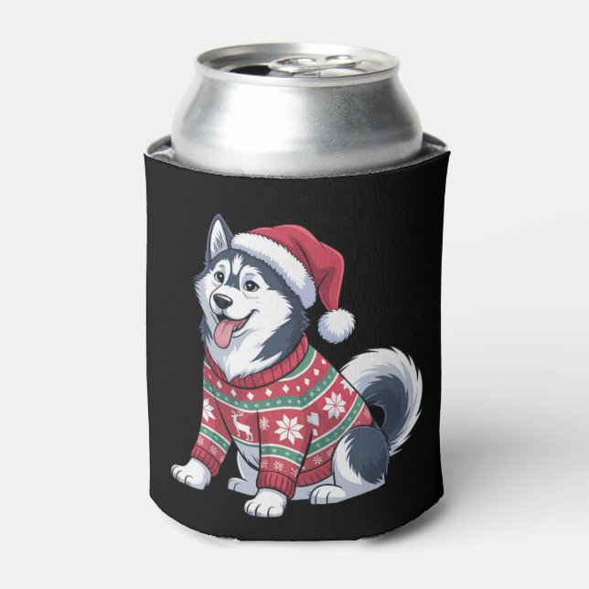 Siberian Husky Dog Ugly Sweater Santa Hat Xmas Can Cooler (Can Front)