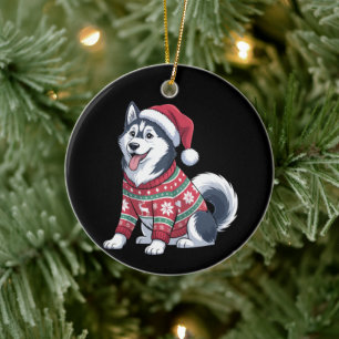 Siberian Husky Dog Ugly Sweater Santa Hat Xmas Ceramic Tree Decoration