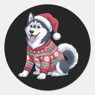 Siberian Husky Dog Ugly Sweater Santa Hat Xmas Classic Round Sticker