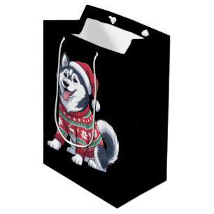 Siberian Husky Dog Ugly Sweater Santa Hat Xmas Medium Gift Bag