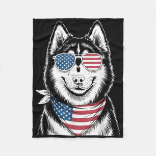 Siberian Husky Dog Usa Flag Sungles Patriotic 4th  Fleece Blanket